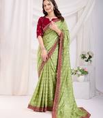 Dazzling Lime Green Golden Foil Bandhani Print With Embroidered Vichitra-Silk Designer Wedding Party-Wear Saree