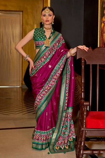 Burgundy patola printed silk blend saree