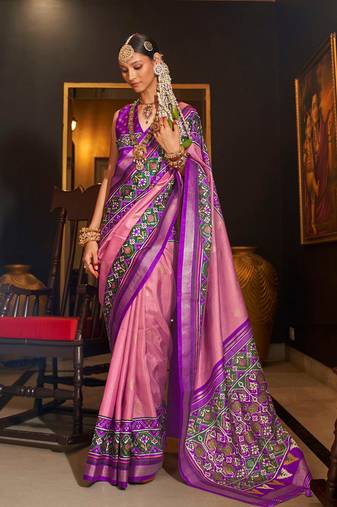 Light pink patola printed silk blend saree