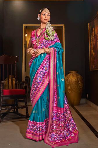 Blue patola printed silk blend contemporary saree 