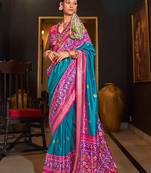 Blue patola printed silk blend contemporary saree 