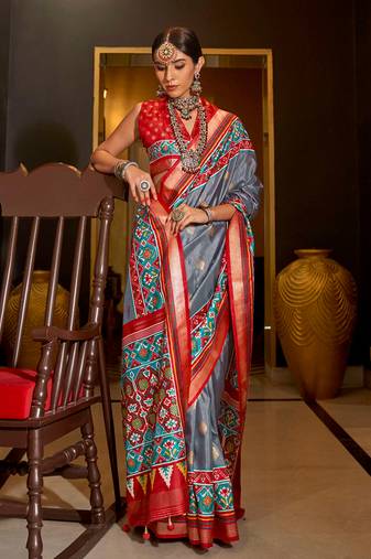 grey Patola print silk blend designer saree