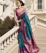 Teal weaving zari silk blend weaving saree