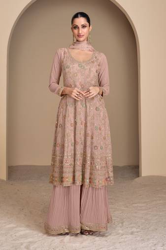 Rose gold embroidery sequins georgette anarkali palazzo - free size stitched(Size upto 42")