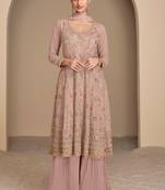 Rose gold embroidery sequins georgette anarkali palazzo - free size stitched(Size upto 42")