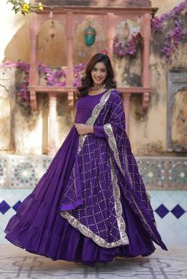Purple georgette solid ruffle flared gown with heavy dupatta 1
