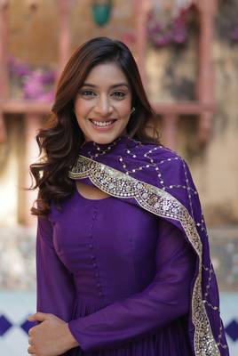 Purple georgette solid ruffle flared gown with heavy dupatta 2