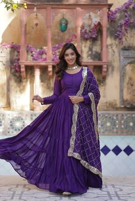 Purple georgette solid ruffle flared gown with heavy dupatta 4