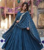 Rama georgette solid ruffle flared gown with heavy dupatta