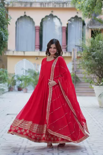 Red georgette sequins embroidered falred gown with heavy dupatta