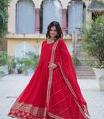 Red georgette sequins embroidered falred gown with heavy dupatta