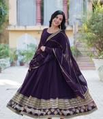 Wine georgette sequins embroidered falred gown with heavy dupatta