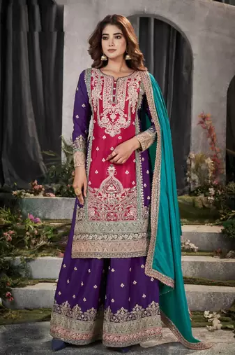 Multicolor embroidery and mirror work chinon straight palazzo - free size stitched(Size Upto 42")
