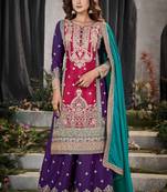 Multicolor embroidery and mirror work chinon straight palazzo - free size stitched(Size Upto 42")