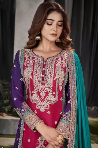 Multicolor embroidery and mirror work chinon straight palazzo - free size stitched(Size Upto 42")
