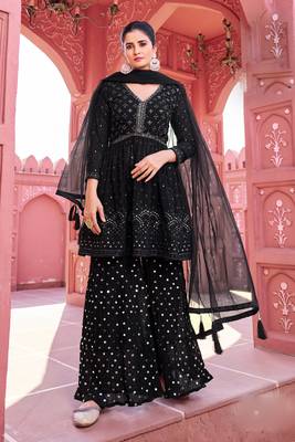 Black embroidery and secquins work georgette anarkali palazzo - free size stitched(Size Upto 42") 1