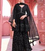 Black embroidery and secquins work georgette anarkali palazzo - free size stitched(Size Upto 42")
