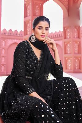 Black embroidery and secquins work georgette anarkali palazzo - free size stitched(Size Upto 42") 2