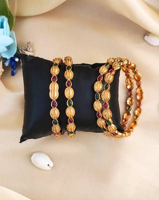 Matte high gold-plated bangle with ruby and emerald stones, indian ethnic design (set of 4) 1