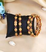 Matte high gold-plated bangle with ruby and emerald stones, indian ethnic design (set of 4)