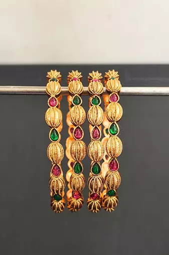 Matte high gold-plated bangle with ruby and emerald stones, indian ethnic design (set of 4)
