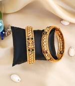 High gold-plated bangles with emerald and ruby stones, antique matte temple design bangle (set of 2)