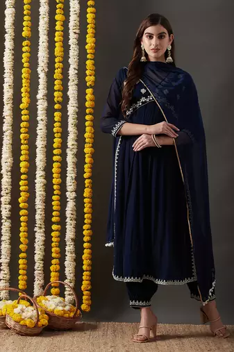 Rajgranth women's faux georgette fabric  embroidered aliya style kurta set with dupatta