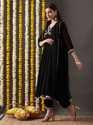 Rajgranth women's faux georgette fabric  embroidered aliya style kurta set with dupatta 3