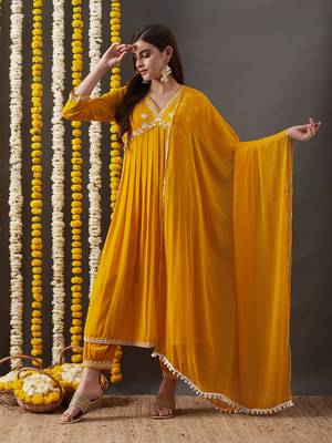 Rajgranth women's faux georgette fabric  embroidered aliya style kurta set with dupatta 1