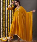 Rajgranth women's faux georgette fabric  embroidered aliya style kurta set with dupatta