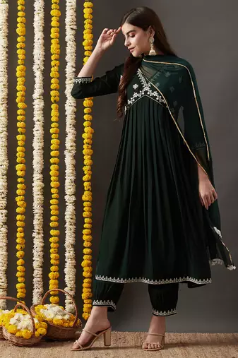 Rajgranth women's faux georgette fabric  embroidered aliya style kurta set with dupatta