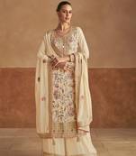 Cream full stitched chinon silk heavy embroidery wedding palazzo suits