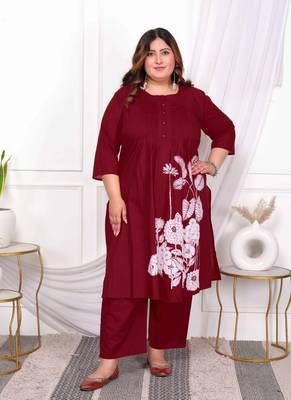  womens plus size wine cotton floral printed kurta and palazzo set 1