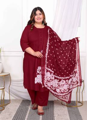  womens plus size pintucks cotton floral elegant straight wine kurta and palazzo with dupatta set 1