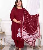  womens plus size pintucks cotton floral elegant straight wine kurta and palazzo with dupatta set