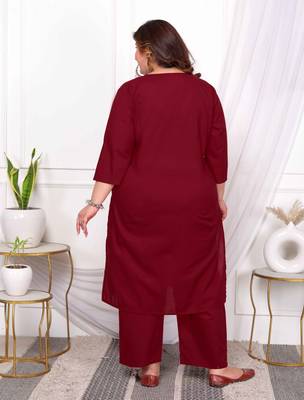  womens plus size pintucks cotton floral elegant straight wine kurta and palazzo with dupatta set 2