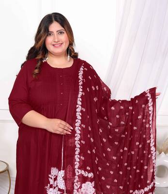  womens plus size pintucks cotton floral elegant straight wine kurta and palazzo with dupatta set 3