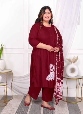  womens plus size pintucks cotton floral elegant straight wine kurta and palazzo with dupatta set 4