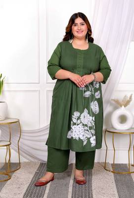  womens plus size mehandi pintucks cotton floral straight kurta and palazzo 1