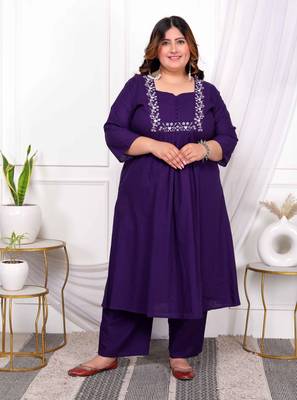  womens plus size purple embroidered sweetheart neck & accordion pleated solid a-line kurta and palazzo set 1