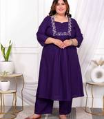 womens plus size purple embroidered sweetheart neck & accordion pleated solid a-line kurta and palazzo set