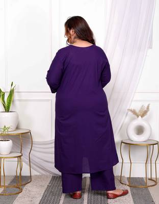 womens plus size purple embroidered sweetheart neck & accordion pleated solid a-line kurta and palazzo set 2