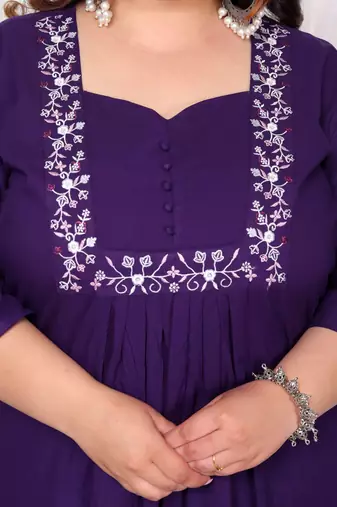  womens plus size purple embroidered sweetheart neck & accordion pleated solid a-line kurta and palazzo set