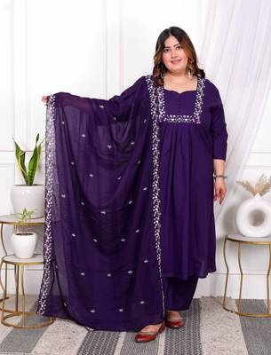  womens plus size cotton purple a-line kurta with embroidered neck and palazzo with embroidered dupatta set 1