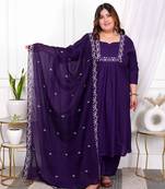 womens plus size cotton purple a-line kurta with embroidered neck and palazzo with embroidered dupatta set
