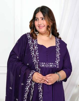  womens plus size cotton purple a-line kurta with embroidered neck and palazzo with embroidered dupatta set 3