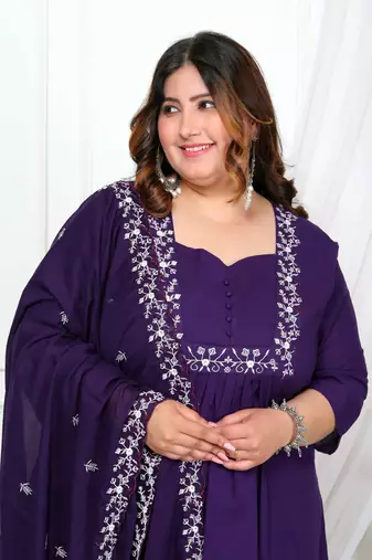  womens plus size cotton purple a-line kurta with embroidered neck and palazzo with embroidered dupatta set