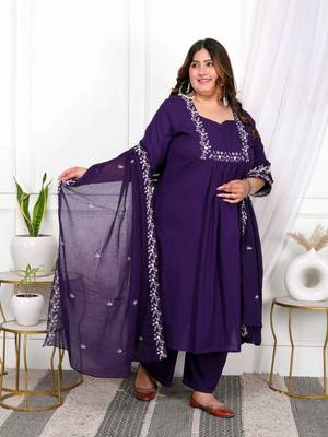  womens plus size cotton purple a-line kurta with embroidered neck and palazzo with embroidered dupatta set 4