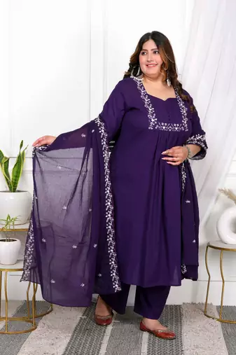  womens plus size cotton purple a-line kurta with embroidered neck and palazzo with embroidered dupatta set