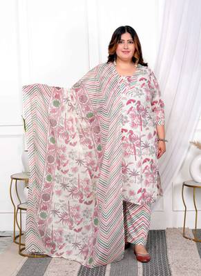  womens plus size cotton light pink scenic birds and leaf floral printed straight pakistani style suit set 1
